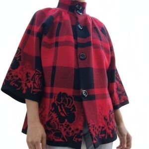 Vintage Plaid Floral Cape Jacket Red Black Size Medium Large